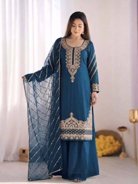 Teal Blue Fendy Silk Palazzo Dress with Beads Work and Full Flair Sharara  Ready To Wear Collection