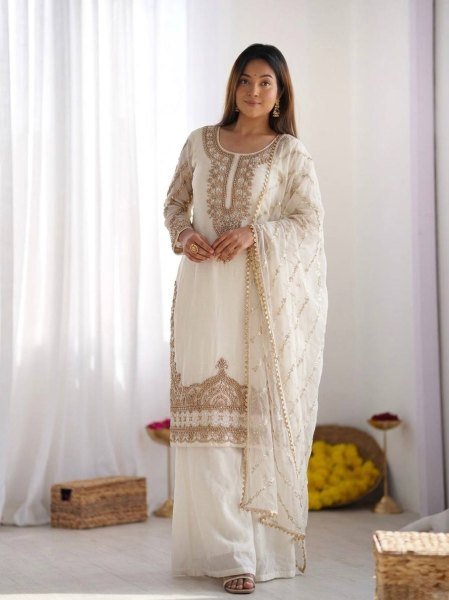 Indian beauty White Stylish Heavy Embroidered Work Kurti With Sharara And Dupatta Set Ready To Wear Collection