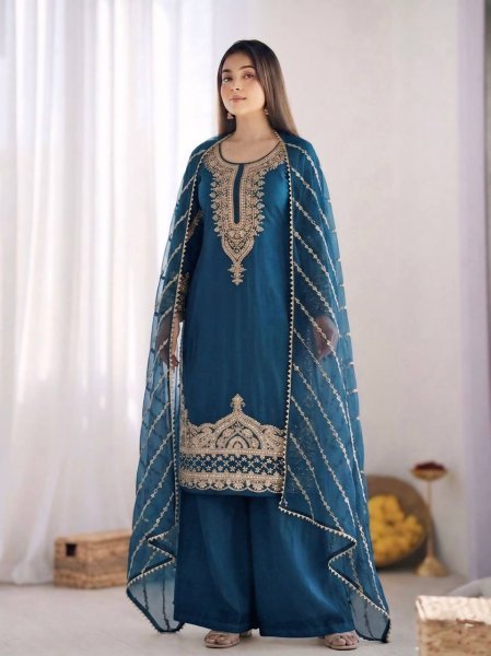 Teal Blue Fendy Silk Palazzo Dress with Beads Work and Full Flair Sharara  Ready To Wear Collection