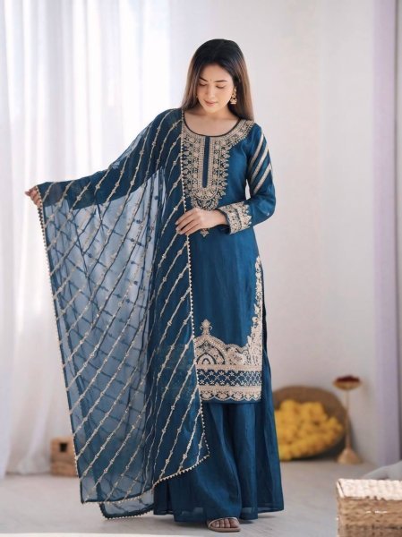 Teal Blue Fendy Silk Palazzo Dress with Beads Work and Full Flair Sharara  Ready To Wear Collection