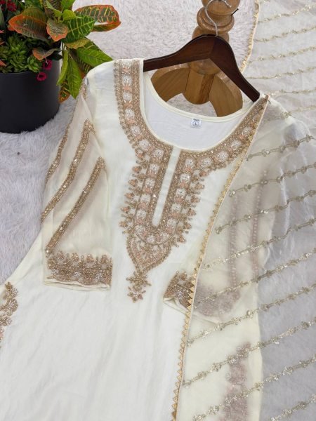 Indian beauty White Stylish Heavy Embroidered Work Kurti With Sharara And Dupatta Set Ready To Wear Collection