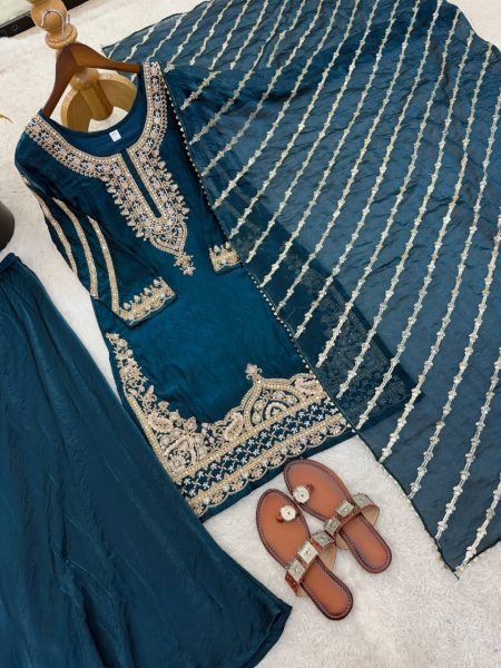 Teal Blue Fendy Silk Palazzo Dress with Beads Work and Full Flair Sharara  Ready To Wear Collection