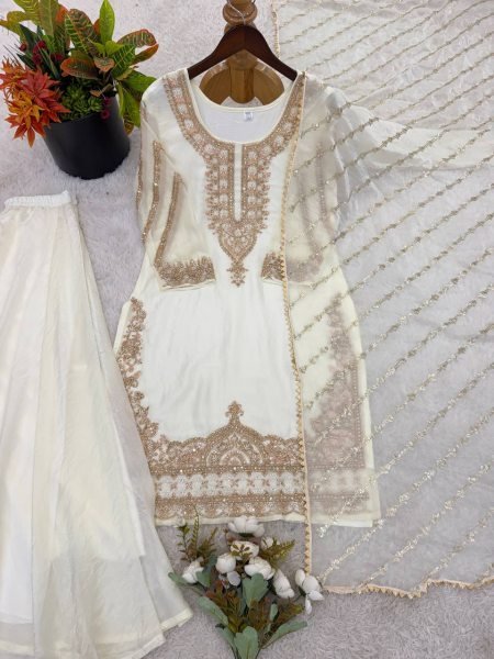 Indian beauty White Stylish Heavy Embroidered Work Kurti With Sharara And Dupatta Set Ready To Wear Collection