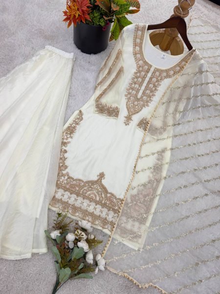 Indian beauty White Stylish Heavy Embroidered Work Kurti With Sharara And Dupatta Set Ready To Wear Collection