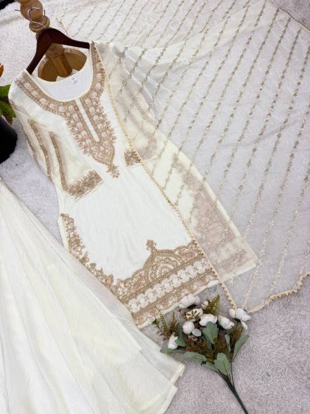 Indian beauty White Stylish Heavy Embroidered Work Kurti With Sharara And Dupatta Set Ready To Wear Collection