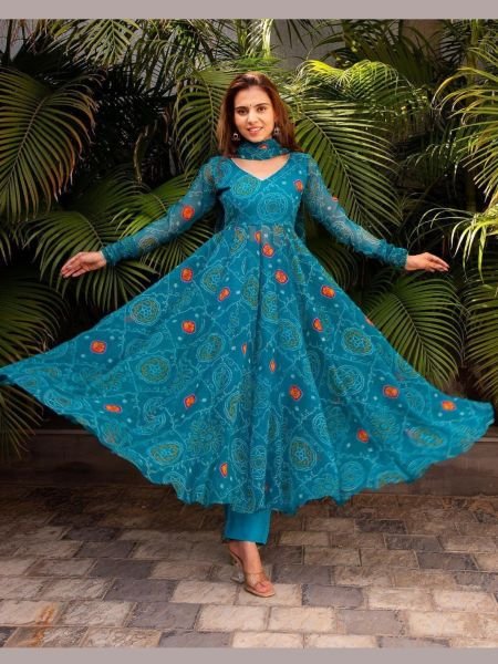 Indian Georgette Teal Blue Color Anarkali Gown Georgette Kurti 