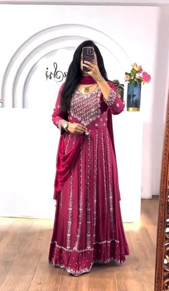 Indian Red Long Anarkali Flared Gown With Dupatta  Traditional Party Wear Dress for Girls Anarkali Kurtis 