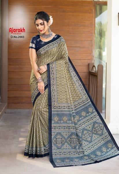 Indian Traditional Ajrakh Print Saree At Wholesale Rates Printed Cotton Sarees Wholesale