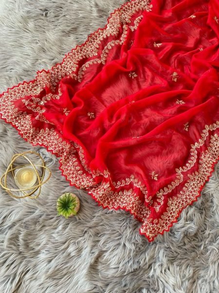 Indian Women Orgenza Party Wear Red Saree  Organza Sarees Wholesale