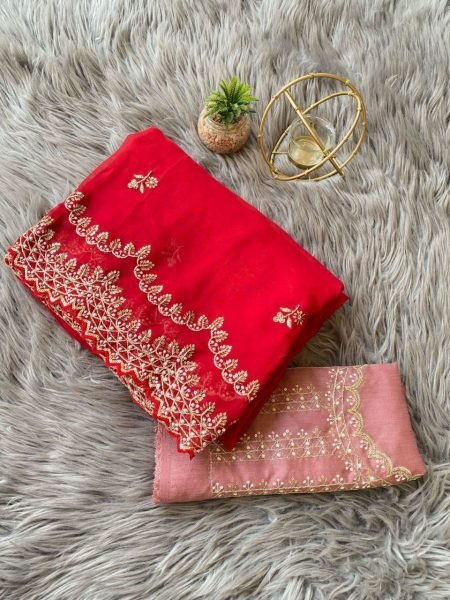 Indian Women Orgenza Party Wear Red Saree  Organza Sarees Wholesale