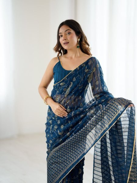 Indigo Blue Georgette Saree with Patta Foil Print and Zalar Border Wholesale Rate for Export Sarees 
