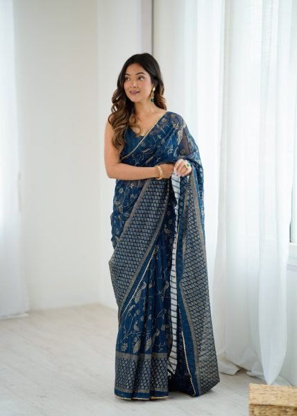 Indigo Blue Georgette Saree with Patta Foil Print and Zalar Border Wholesale Rate for Export Georgette Sarees Wholesale
