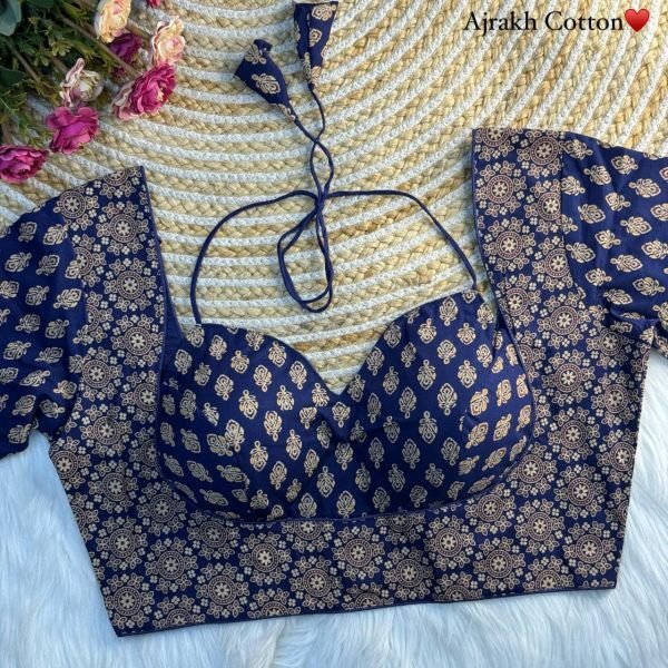Indigo Charm Padded Halter Ajrakh Blouse in Pure Cotton Blouse Collection