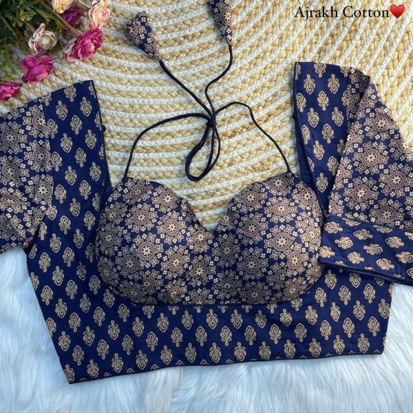 Indigo Charm Padded Halter Ajrakh Blouse in Pure Cotton Blouse Collection