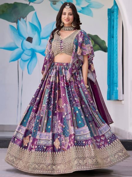 indigo Mix Chinnon Silk Lehenga with Choker Dupatta Elegant Designer Bridal Set for Big Day Designer Lehenga Choli