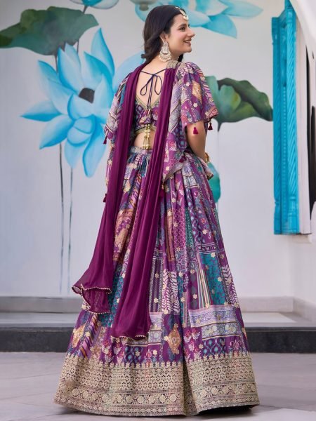 indigo Mix Chinnon Silk Lehenga with Choker Dupatta Elegant Designer Bridal Set for Big Day Designer Lehenga Choli