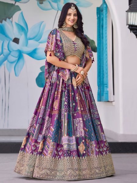 indigo Mix Chinnon Silk Lehenga with Choker Dupatta Elegant Designer Bridal Set for Big Day Designer Lehenga Choli