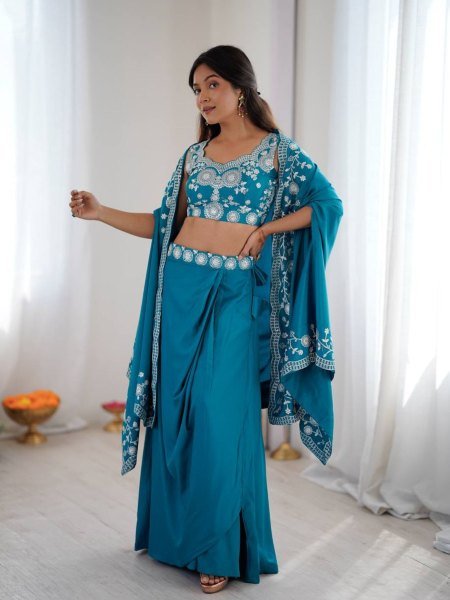 Indo-Western Crepe & Silk Dhoti Set with Silk Blouse & Sequined Shrug Bollywood Lehenga Choli