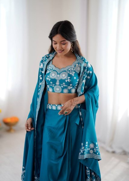 Indo Western Crepe Silk Dhoti Set with Silk Blouse Sequined Shrug Bollywood Lehenga Choli