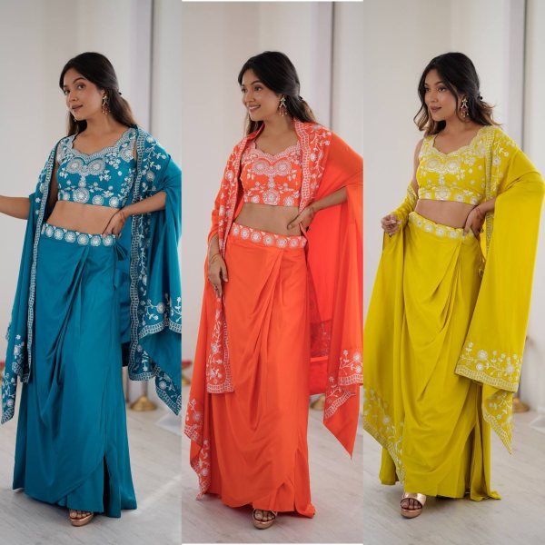 Indo Western Crepe Silk Dhoti Set with Silk Blouse Sequined Shrug Bollywood Lehenga Choli