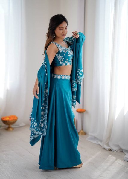 Indo Western Crepe Silk Dhoti Set with Silk Blouse Sequined Shrug Bollywood Lehenga Choli