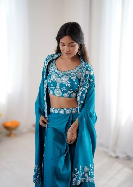 Indo Western Crepe Silk Dhoti Set with Silk Blouse Sequined Shrug Bollywood Lehenga Choli