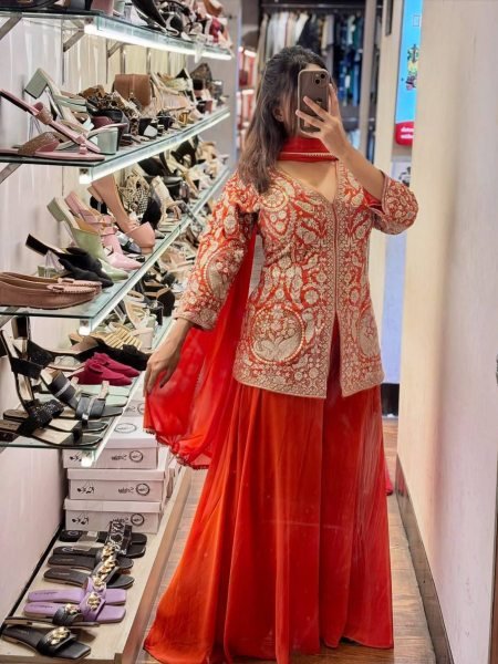 Indo -Western Orange Palazzo Suit Heavy Georgette with Stylish Dupatta 