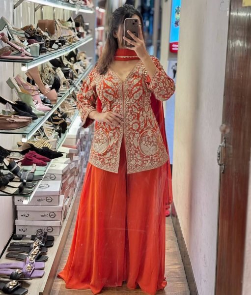 Indo -Western Orange Palazzo Suit Heavy Georgette with Stylish Dupatta Ready To Wear Collection