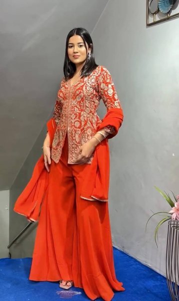 Indo -Western Orange Palazzo Suit Heavy Georgette with Stylish Dupatta Ready To Wear Collection
