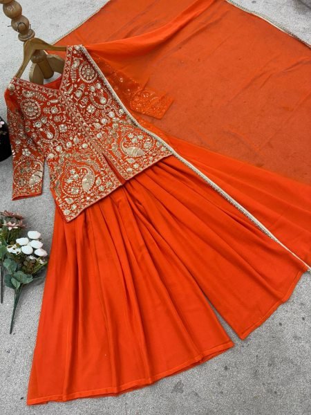 Indo -Western Orange Palazzo Suit Heavy Georgette with Stylish Dupatta Ready To Wear Collection