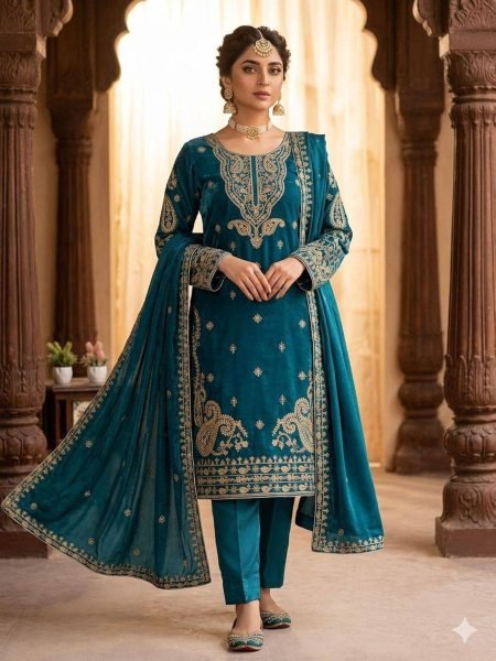 Influence Teal Blue Roman Glass Embellished Top with Palazzo and Matching Dupatta 