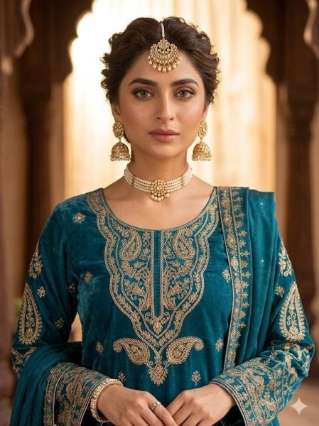 Influence Teal Blue Roman Glass Embellished Top with Palazzo and Matching Dupatta Ready To Wear Collection