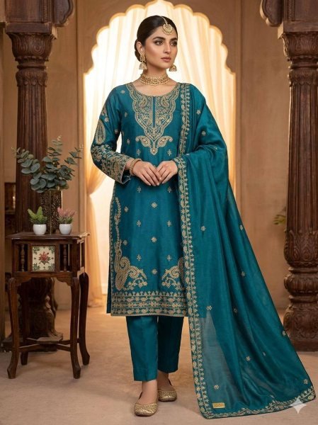 Influence Teal Blue Roman Glass Embellished Top with Palazzo and Matching Dupatta Ready To Wear Collection