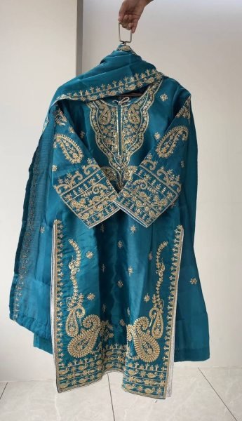 Influence Teal Blue Roman Glass Embellished Top with Palazzo and Matching Dupatta Ready To Wear Collection