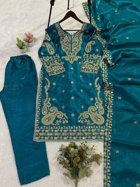 Influence Teal Blue Roman Glass Embellished Top with Palazzo and Matching Dupatta Ready To Wear Collection