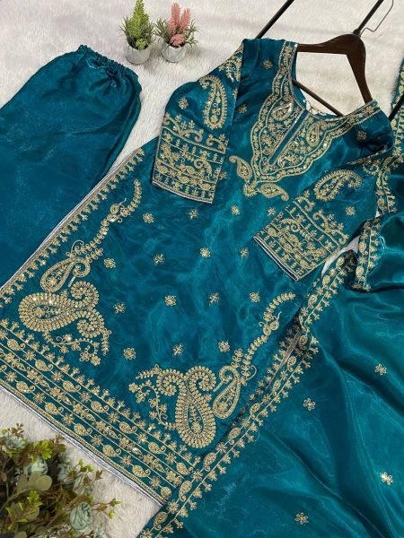 Influence Teal Blue Roman Glass Embellished Top with Palazzo and Matching Dupatta Ready To Wear Collection