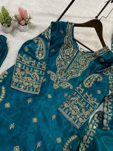 Influence Teal Blue Roman Glass Embellished Top with Palazzo and Matching Dupatta Ready To Wear Collection