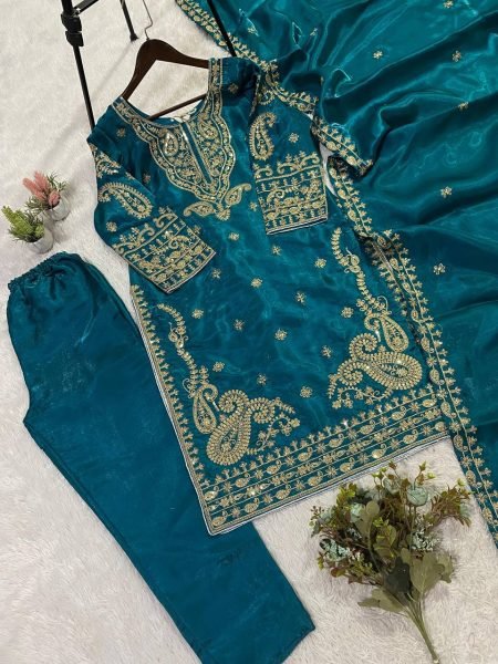 Influence Teal Blue Roman Glass Embellished Top with Palazzo and Matching Dupatta Ready To Wear Collection
