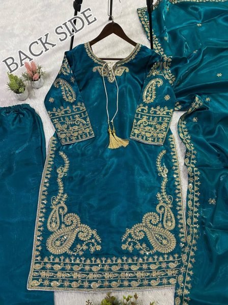 Influence Teal Blue Roman Glass Embellished Top with Palazzo and Matching Dupatta Ready To Wear Collection