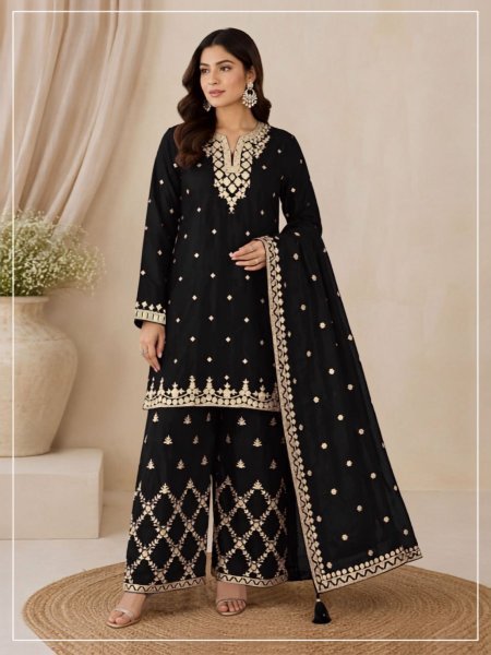 Ingenious Black Chinon Three Piece Suit Material with Heavy Sequin Work For Party Wear 