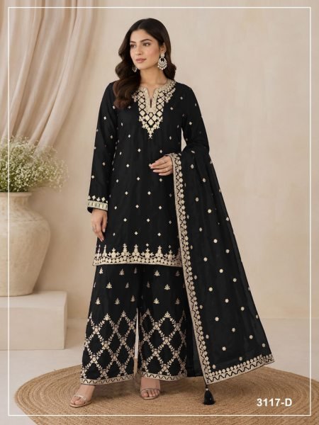 Ingenious Black Chinon Three Piece Suit Material with Heavy Sequin Work For Party Wear Designer Plazzo Salwar Suits Wholesale