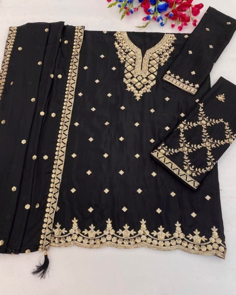 Ingenious Black Chinon Three Piece Suit Material with Heavy Sequin Work For Party Wear Designer Plazzo Salwar Suits Wholesale