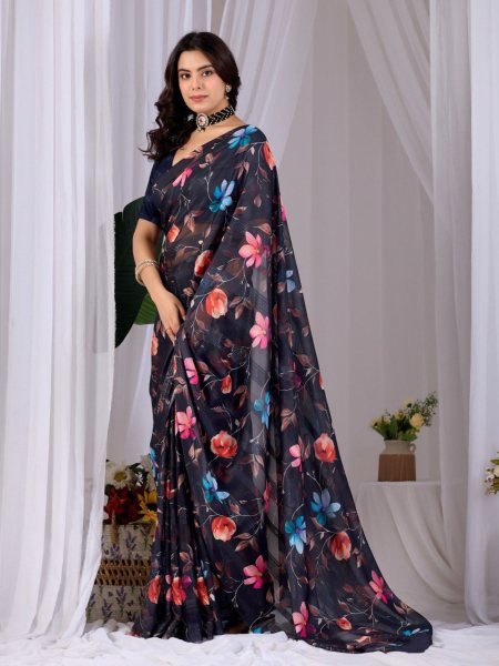 Ingenious Black Pastel Saree with Digital Print for Summer Wear Sarees 