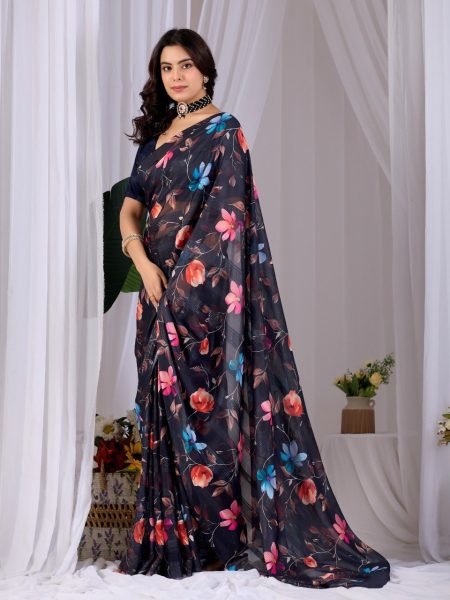 Ingenious Black Pastel Saree with Digital Print for Summer Wear Printed Cotton Sarees Wholesale
