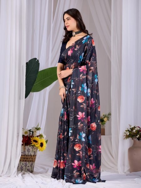 Ingenious Black Pastel Saree with Digital Print for Summer Wear Printed Cotton Sarees Wholesale