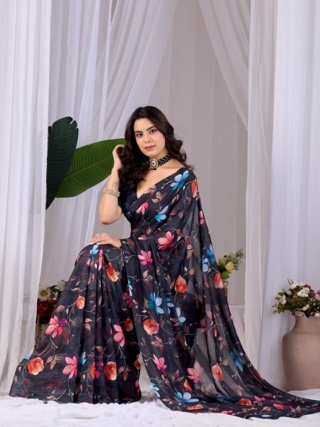 Ingenious Black Pastel Saree with Digital Print for Summer Wear Printed Cotton Sarees Wholesale