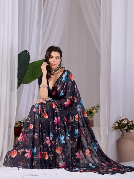 Ingenious Black Pastel Saree with Digital Print for Summer Wear Printed Cotton Sarees Wholesale