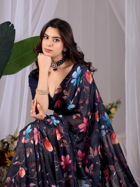 Ingenious Black Pastel Saree with Digital Print for Summer Wear Printed Cotton Sarees Wholesale