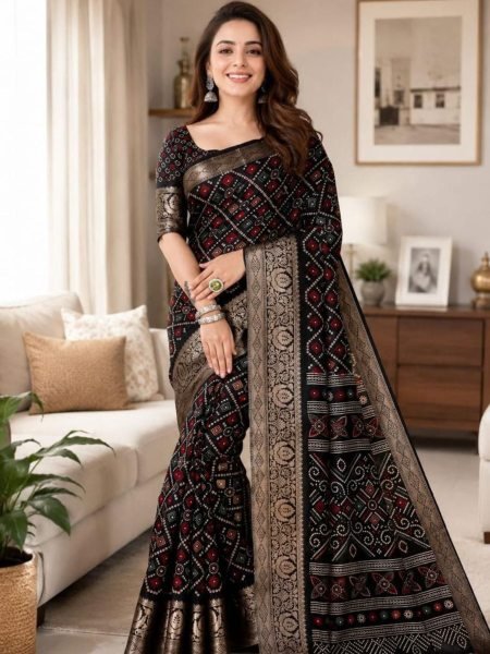 Ingenious Black Premium Soft Cotton Saree with Jacquard Kanjivaram Style Border Work Sarees 