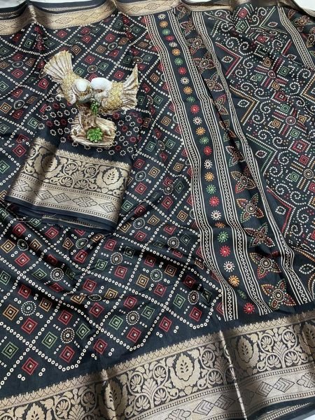 Ingenious Black Premium Soft Cotton Saree with Jacquard Kanjivaram Style Border Work Printed Cotton Sarees Wholesale